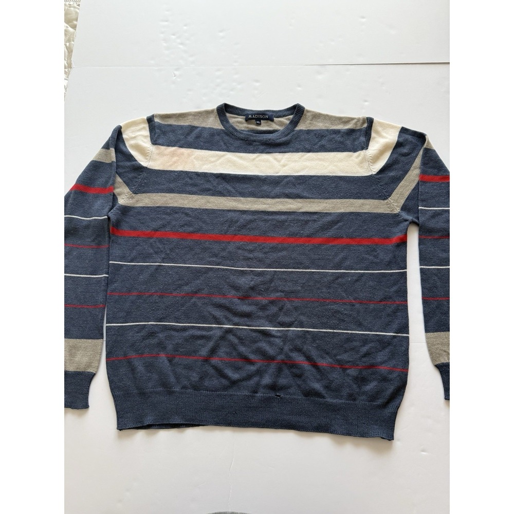 Madison Men XL Sweater Striped Pullover Blue Red White Acrylic Winter Cozy Top
